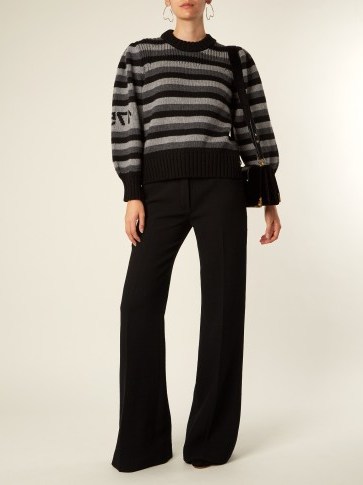 SONIA RYKIEL Striped-wool sweater ~ grey and black stripe full gigot sleeved jumpers - flipped