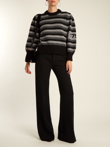 SONIA RYKIEL Striped-wool sweater ~ grey and black stripe full gigot sleeved jumpers