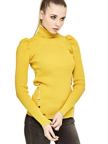 GUESS SWEATER WITH BUTTONS ON THE FRONT | yellow puff sleeved high neck jumpers - flipped