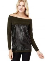 GUESS SWEATER WITH SEQUINS | green off shoulder sweaters | bardot knitwear