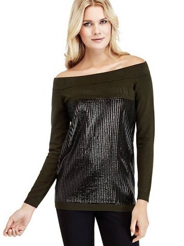 GUESS SWEATER WITH SEQUINS | green off shoulder sweaters | bardot knitwear - flipped