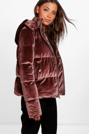 boohoo Tall Daniella Velvet Padded Bomber Jacket – mocha-brown jackets - flipped
