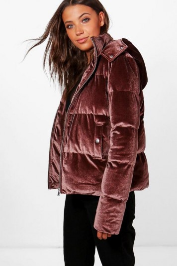 boohoo Tall Daniella Velvet Padded Bomber Jacket – mocha-brown jackets