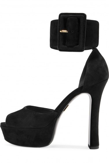 MICHAEL KORS COLLECTION Tatiana buckled suede platform sandals / black high heeled platforms / ankle strap shoes - flipped