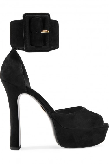 MICHAEL KORS COLLECTION Tatiana buckled suede platform sandals / black high heeled platforms / ankle strap shoes