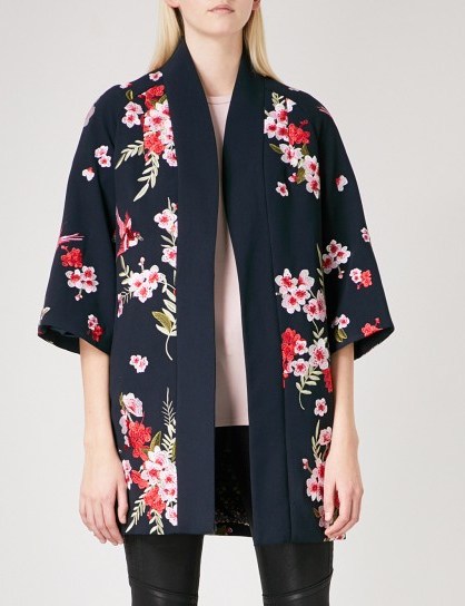 TED BAKER Aurian bird and blossom-embroidered jersey kimono | navy blue oriental style floral jackets - flipped