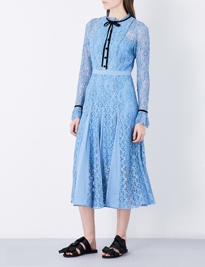 Catherine Duchess of Cambridge blue tie neck dress, TEMPERLEY LONDON Eclipse collared lace dress, attending a reception at Buckingham Palace., 10 October 2017. Kate Middleton style | royal dresses - flipped