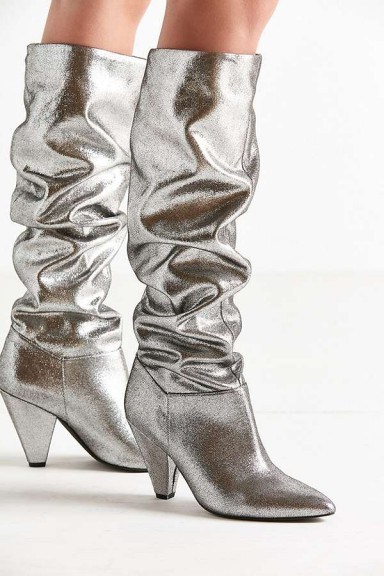 Urban Outfitters Tess Glitter Scrunch Knee-High Boots / silver metallic slouchy boot - flipped