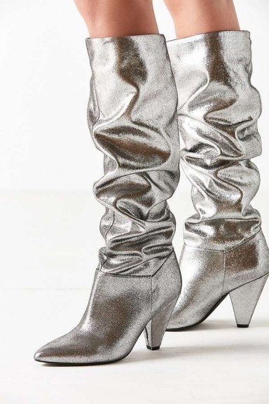 Urban Outfitters Tess Glitter Scrunch Knee-High Boots / silver metallic slouchy boot