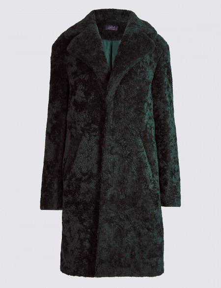 M&S COLLECTION Textured Faux Fur Coat ~ forest-green winter coats - flipped