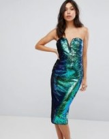 TFNC Bandeau Fish Scale Sequin Midi Dress – green sequinned strapless party dresses