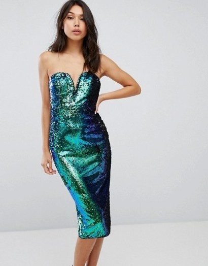 TFNC Bandeau Fish Scale Sequin Midi Dress – green sequinned strapless party dresses - flipped