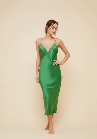 Olivia von Halle ISSA GREEN FLASH SILK SLIP DRESS | emerald plunge front cami dresses - flipped