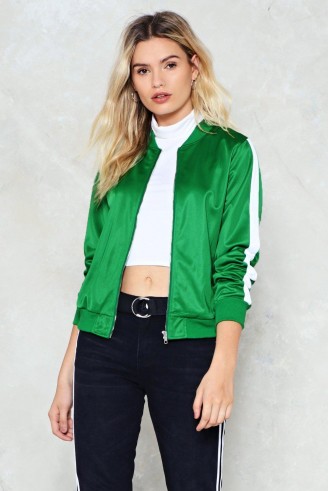 Nasty Gal The Strong and Silent Stripe Bomber Jacket ~ green satin jackets