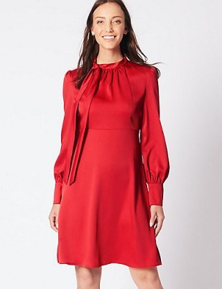 M&S COLLECTION Tie Neck Long Sleeve Swing Midi Dress / red vintage style dresses - flipped