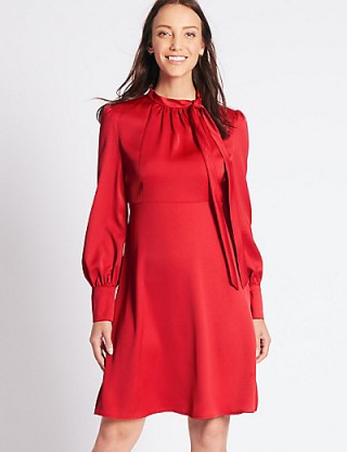 M&S COLLECTION Tie Neck Long Sleeve Swing Midi Dress / red vintage style dresses