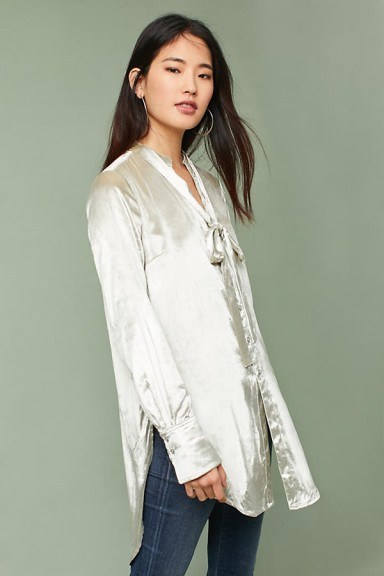 Anthropologie Silver Tie-Neck Blouse - flipped