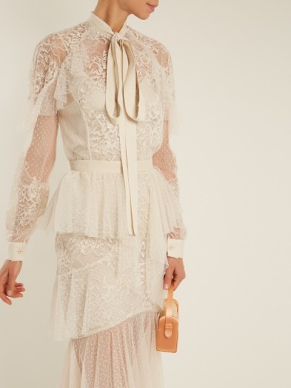 ELIE SAAB Tie-neck lace and tulle blouse ~ semi sheer ivory blouses
