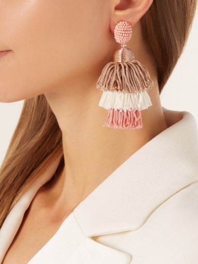 OSCAR DE LA RENTA Tiered tassel-drop clip-on earrings ~ tasseled statement jewellery - flipped