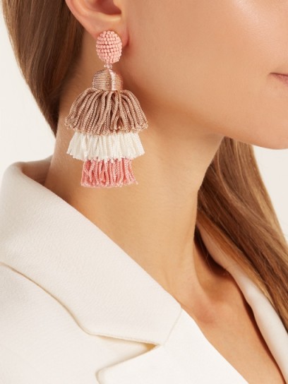 OSCAR DE LA RENTA Tiered tassel-drop clip-on earrings ~ tasseled statement jewellery