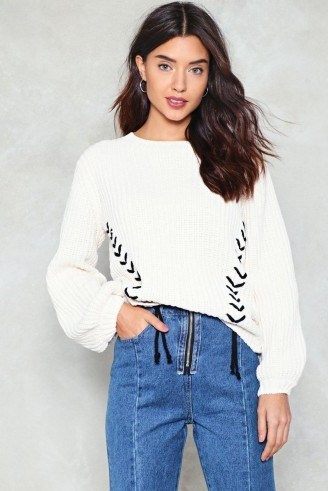 NASTY GAL Ties the Limit Chunky Sweater | cream lace up detail sweaters | slouchy jumpers - flipped