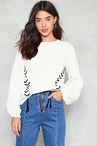 NASTY GAL Ties the Limit Chunky Sweater | cream lace up detail sweaters | slouchy jumpers