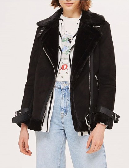 TOPSHOP Cooper buckle-detail faux-leather jacket / black fur trimmed biker/aviator jackets