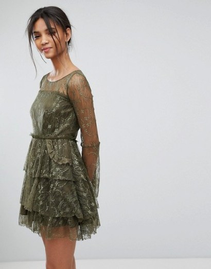 Tresophie Lace Tiered Dress / green semi sheer floral dresses - flipped