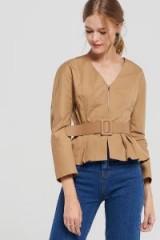 STORETS Tyra Zip Front Blouse With Belt | beige belted pleat hem tops