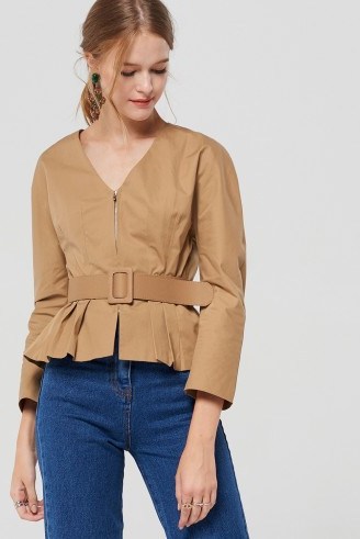 STORETS Tyra Zip Front Blouse With Belt | beige belted pleat hem tops - flipped