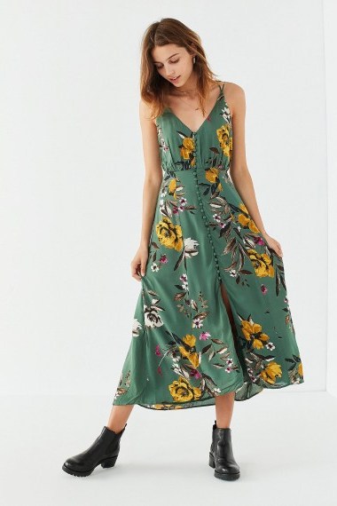 UO Lady Lava Green Floral Covered Button-Down Midi Dress / Urban Outfitters fashion - flipped