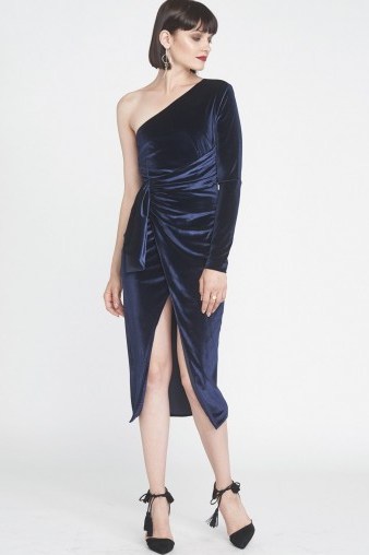 Lavish Alice Velvet One Shoulder Wrap Midi Dress / navy-blue party dresses / luxe style evening fashion - flipped