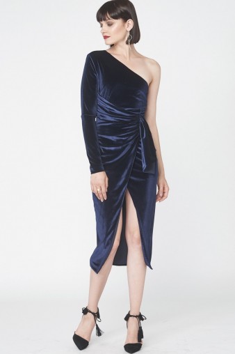 Lavish Alice Velvet One Shoulder Wrap Midi Dress / navy-blue party dresses / luxe style evening fashion