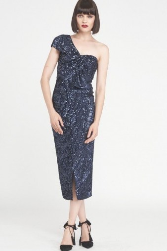 Lavish Alice Velvet Sequin Twisted Detail Midi Dress / blue one shoulder party dresses / luxe occasion fashion - flipped