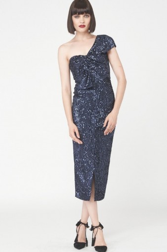 Lavish Alice Velvet Sequin Twisted Detail Midi Dress / blue one shoulder party dresses / luxe occasion fashion