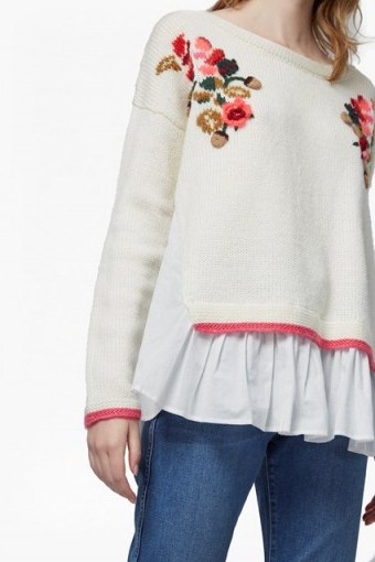 FRENCH CONNECTION VIENNA KNIT EMBROIDERED JUMPER ~ cotton peplum hem jumpers ~ floral knitwear - flipped