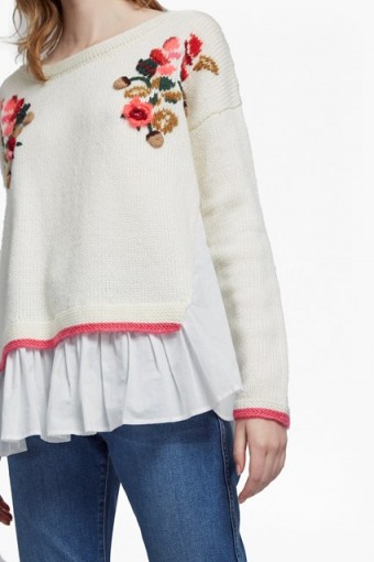 FRENCH CONNECTION VIENNA KNIT EMBROIDERED JUMPER ~ cotton peplum hem jumpers ~ floral knitwear
