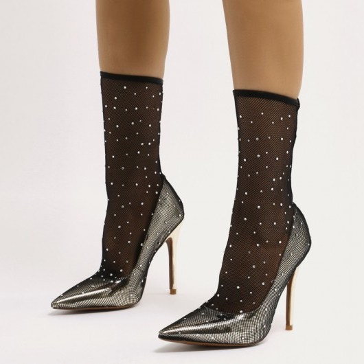 PUBLIC DESIRE VOGUE DIAMANTE FISHNET POINTED COURT STILETTOS IN GOLD | sheer sock stiletto heels | bling courts - flipped