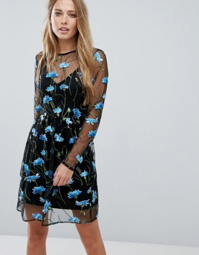Warehouse Premium Floral Embroidered Skater Dress ~ sheer overlay party dresses - flipped