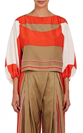 WARM GP Silk Bateau-Neck Top ~ tan, orange and white tops ~ wide sleeves