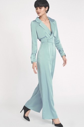 Lavish Alice Wide Leg Trench Jumpsuit in Teal Satin - flipped