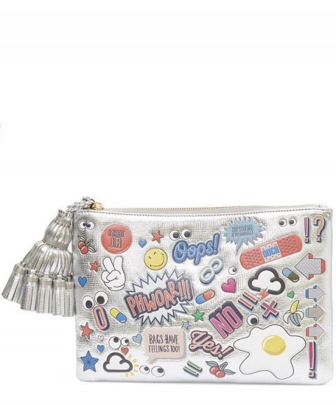 ANYA HINDMARCH Wink Clutch With Stickers ~ metallic silver pouch