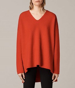 ALLSAINTS CLEA V-NECK JUMPER in VERMILLION RED | oversized jumpers - flipped