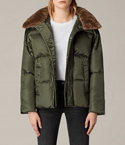 ALLSAINTS PAX PUFFER JACKET / khaki green padded jackets / faux fur collared coats - flipped