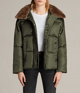 ALLSAINTS PAX PUFFER JACKET / khaki green padded jackets / faux fur collared coats