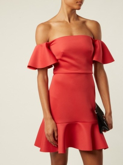 SALONI Amelia off-the-shoulder fluted dress ~ red party dresses ~ bardot evening fashion - flipped