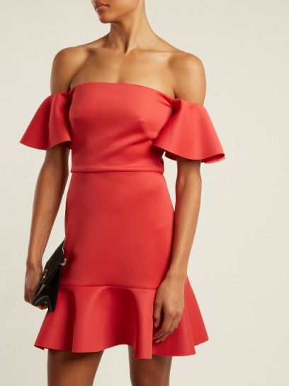 SALONI Amelia off-the-shoulder fluted dress ~ red party dresses ~ bardot evening fashion