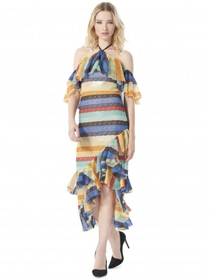Alice + Olivia ANNABETH OFF SHOULDER SHORT DRESS ~ colourful striped sequin dresses ~ party clothing - flipped