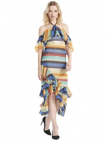 Alice + Olivia ANNABETH OFF SHOULDER SHORT DRESS ~ colourful striped sequin dresses ~ party clothing