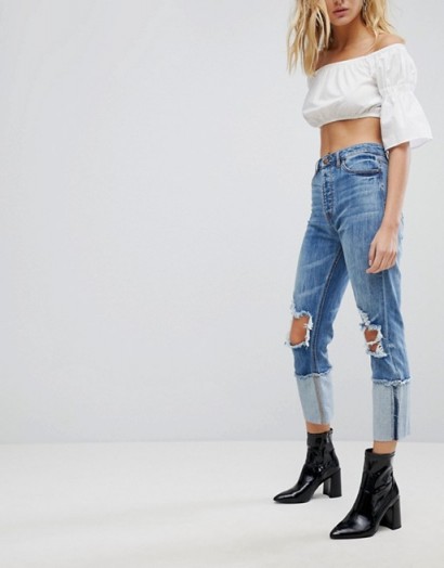 AFRM Cut Out Knee Distressed Boyfriend Jeans With Turned Up Hem | destroyed cropped denim
